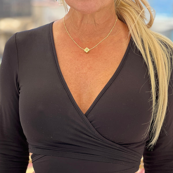 Jennifer Croll Exclusive 14K Gold Plated "Sparkle Cube" Necklace which can be layered many different ways for maximum versatility and style.