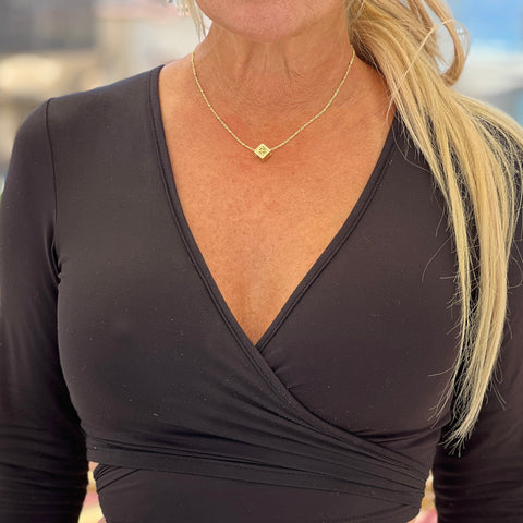 Jennifer Croll Exclusive 14K Gold Plated "Sparkle Cube" Necklace which can be layered many different ways for maximum versatility and style.