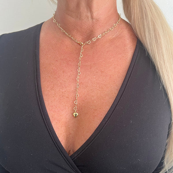 14K Gold-Plated Linked Hearts Lariat Long Necklace by Jennifer Croll