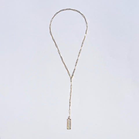 Jennifer Croll Exclusive 14K Gold Plated "Paperclip and Abalone Lariat" which can be worn many different ways for maximum versatility and style.