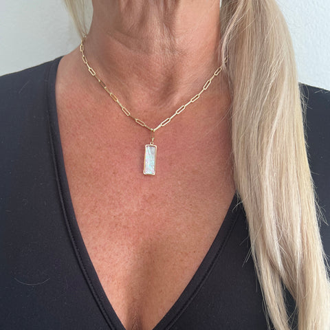 Jennifer Croll Exclusive 14K Gold Plated "Paperclip & Abalone" Necklace which can be layered many different ways for maximum versatility and style.